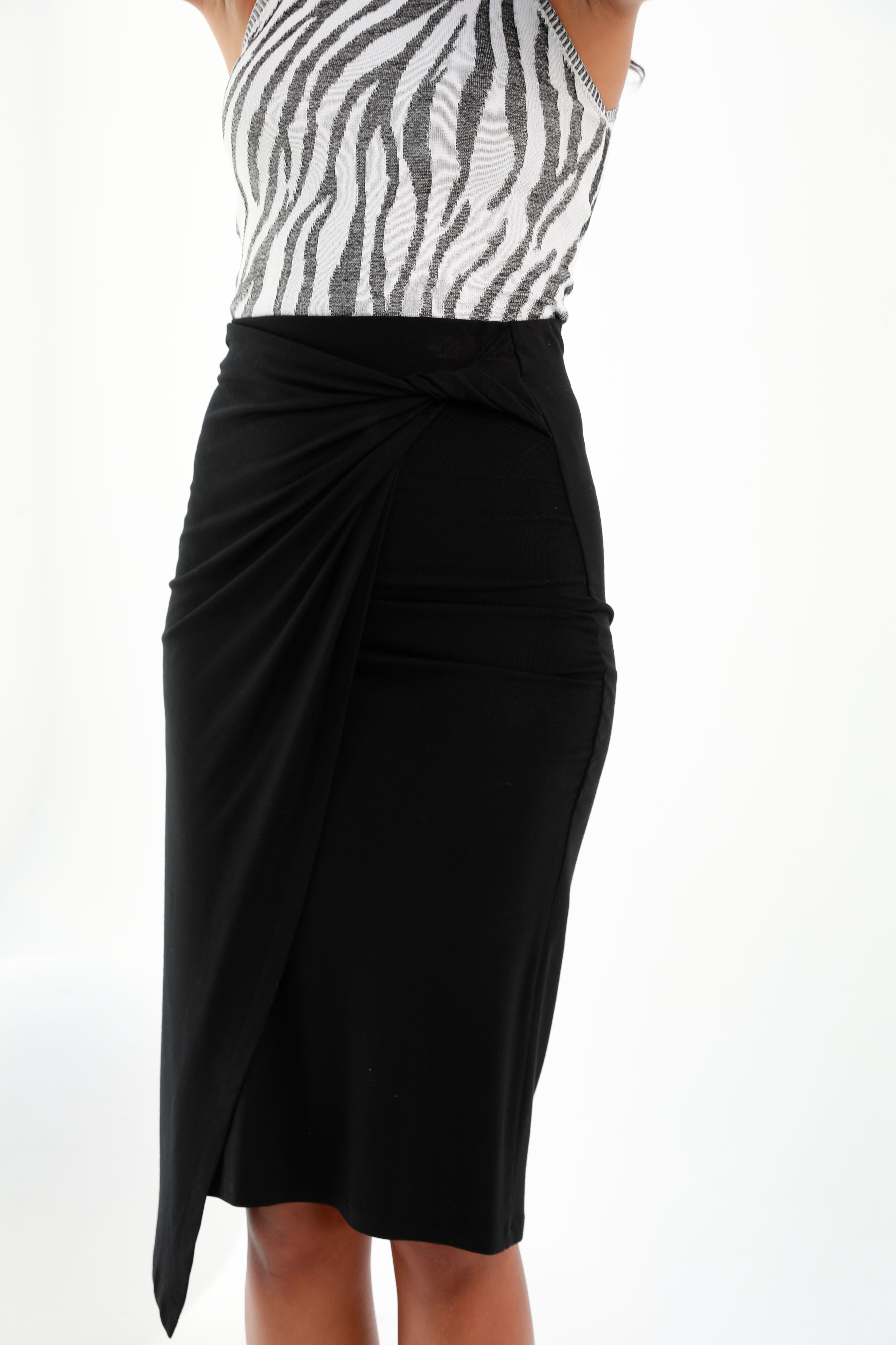 Black | mid-length skirt | wrapover front | drapped knot | risska